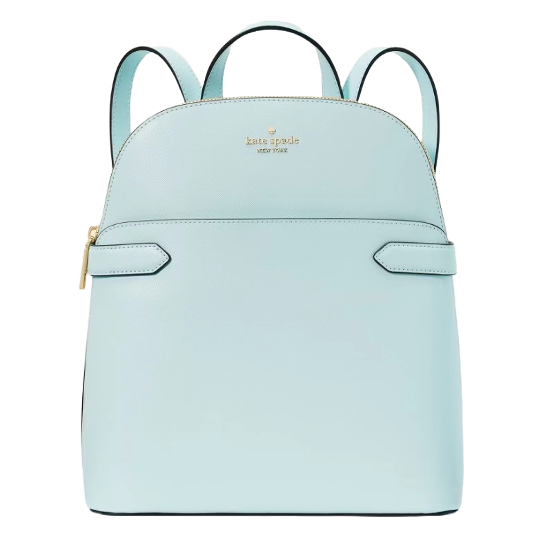 A pastel blue medium leather backpack from Kate Spade, featuring a minimalist design with gold-tone hardware, adjustable shoulder straps, and a top handle.