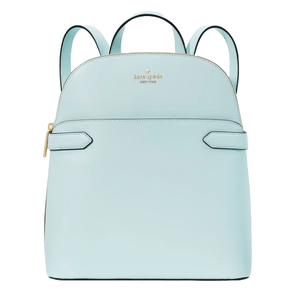 A pastel blue medium leather backpack from Kate Spade, featuring a minimalist design with gold-tone hardware, adjustable shoulder straps, and a top handle.