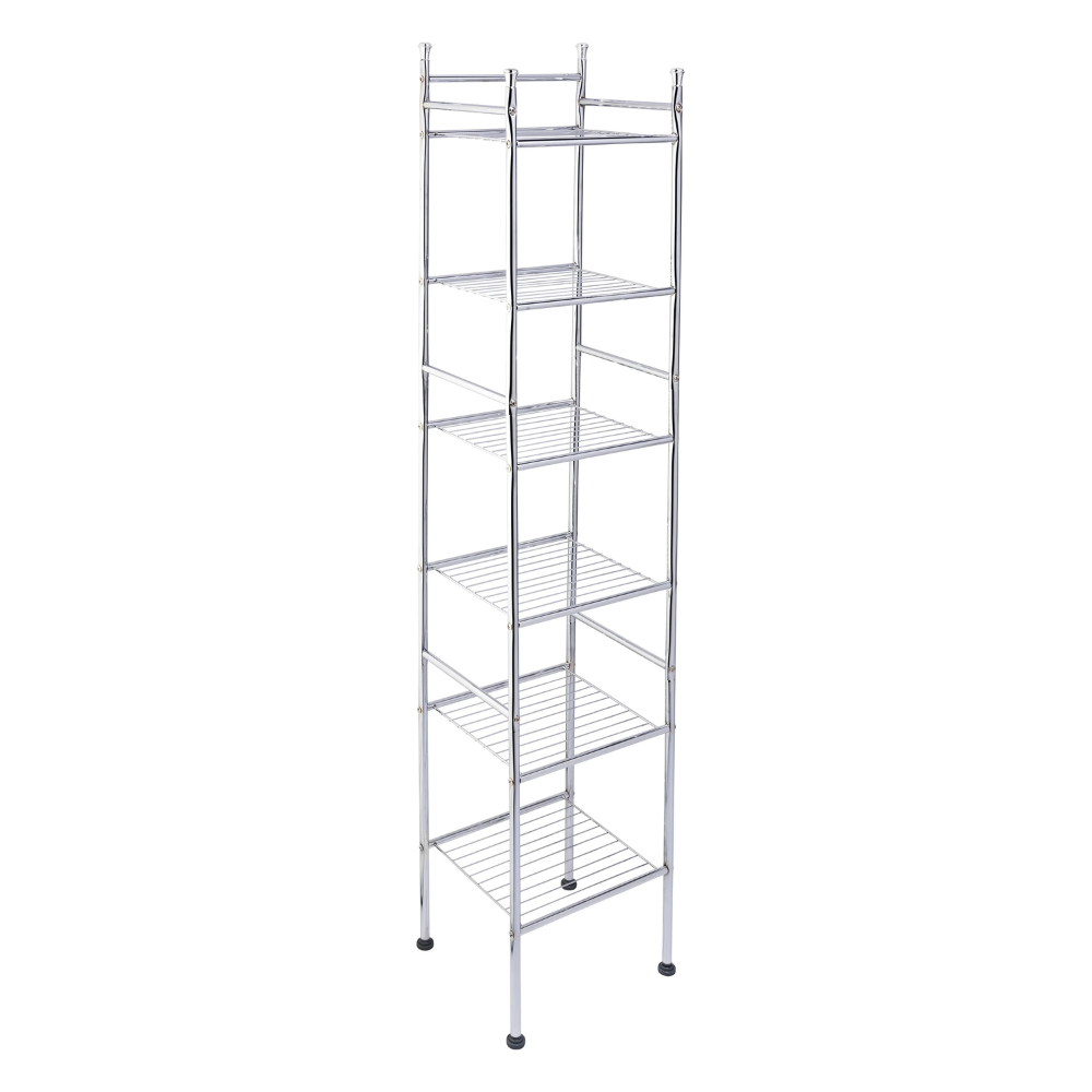 A tall, freestanding metal shelving unit with six tiers, featuring an open wire design and rubber-tipped feet for stability.