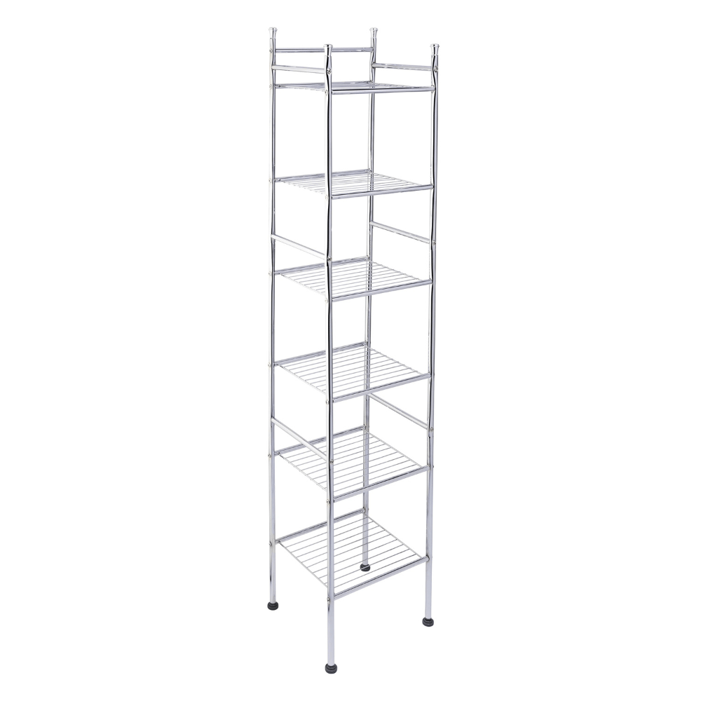 A tall, freestanding metal shelving unit with six tiers, featuring an open wire design and rubber-tipped feet for stability.