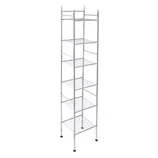 A tall, freestanding metal shelving unit with six tiers, featuring an open wire design and rubber-tipped feet for stability.