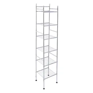 A tall, freestanding metal shelving unit with six tiers, featuring an open wire design and rubber-tipped feet for stability.