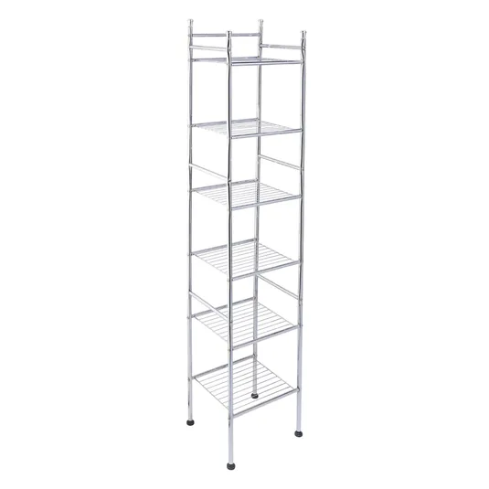 A tall, freestanding metal shelving unit with six tiers, featuring an open wire design and rubber-tipped feet for stability.