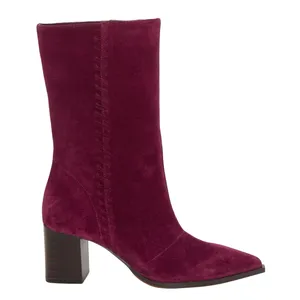 Plum-colored suede mid-calf boot with a square block heel and pointed toe.