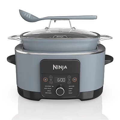 A Ninja Foodi Multi-Cooker is shown, featuring a digital display and control panel on a black base, with a gray cooking pot and glass lid on top.