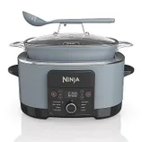 A Ninja Foodi Multi-Cooker is shown, featuring a digital display and control panel on a black base, with a gray cooking pot and glass lid on top.