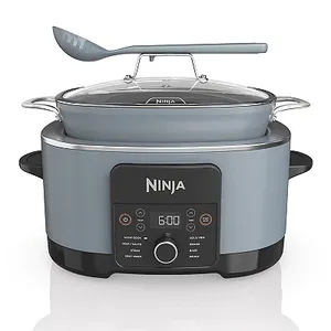 A Ninja Foodi Multi-Cooker is shown, featuring a digital display and control panel on a black base, with a gray cooking pot and glass lid on top.
