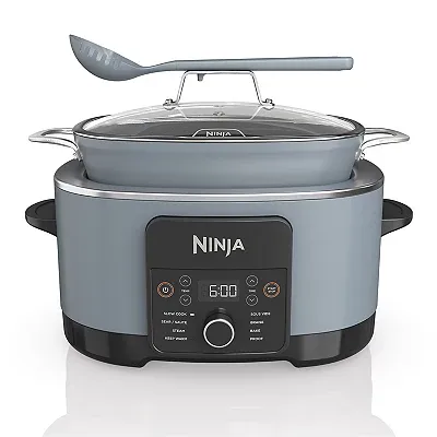 A Ninja Foodi Multi-Cooker is shown, featuring a digital display and control panel on a black base, with a gray cooking pot and glass lid on top.