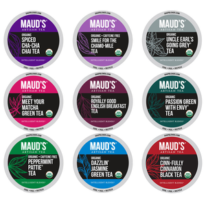 Variety of Maud's Organic Artisan Tea K-Cups: Spiced Chai, Chamomile, Earl Grey, Matcha, English Breakfast, Green Envy, Peppermint Pattie, Jasmine Green, and Cinnamon Black. USDA Organic, recyclable, featured in colorful packaging.