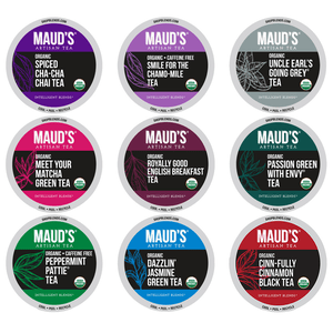 Variety of Maud's Organic Artisan Tea K-Cups: Spiced Chai, Chamomile, Earl Grey, Matcha, English Breakfast, Green Envy, Peppermint Pattie, Jasmine Green, and Cinnamon Black. USDA Organic, recyclable, featured in colorful packaging.