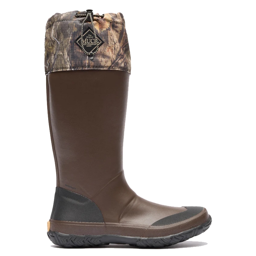 A tall brown waterproof boot with a camouflage cuff, featuring a logo tag. Suitable for outdoor activities.