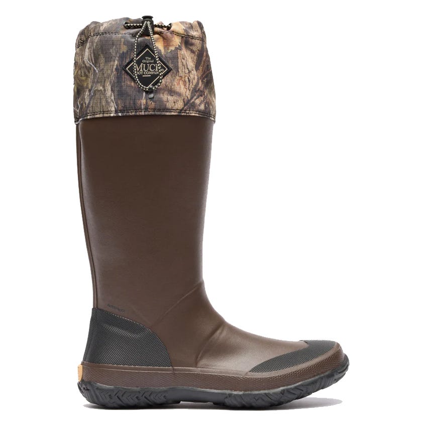 A tall brown waterproof boot with a camouflage cuff, featuring a logo tag. Suitable for outdoor activities.