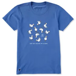 Blue T-shirt featuring a design with cartoon ducks and the text \“Got My Ducks in a Row\“ along with \“Life is Good\“.