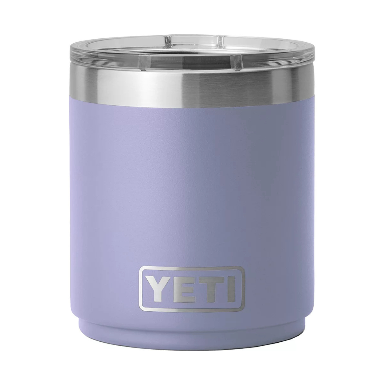 The YETI 10oz Rambler is a lavender-colored, stainless steel tumbler with a clear lid, designed to keep drinks hot or cold.