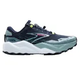 Brooks Caldera trail running shoe in navy and light blue with a white, textured sole, designed for enhanced grip and stability.