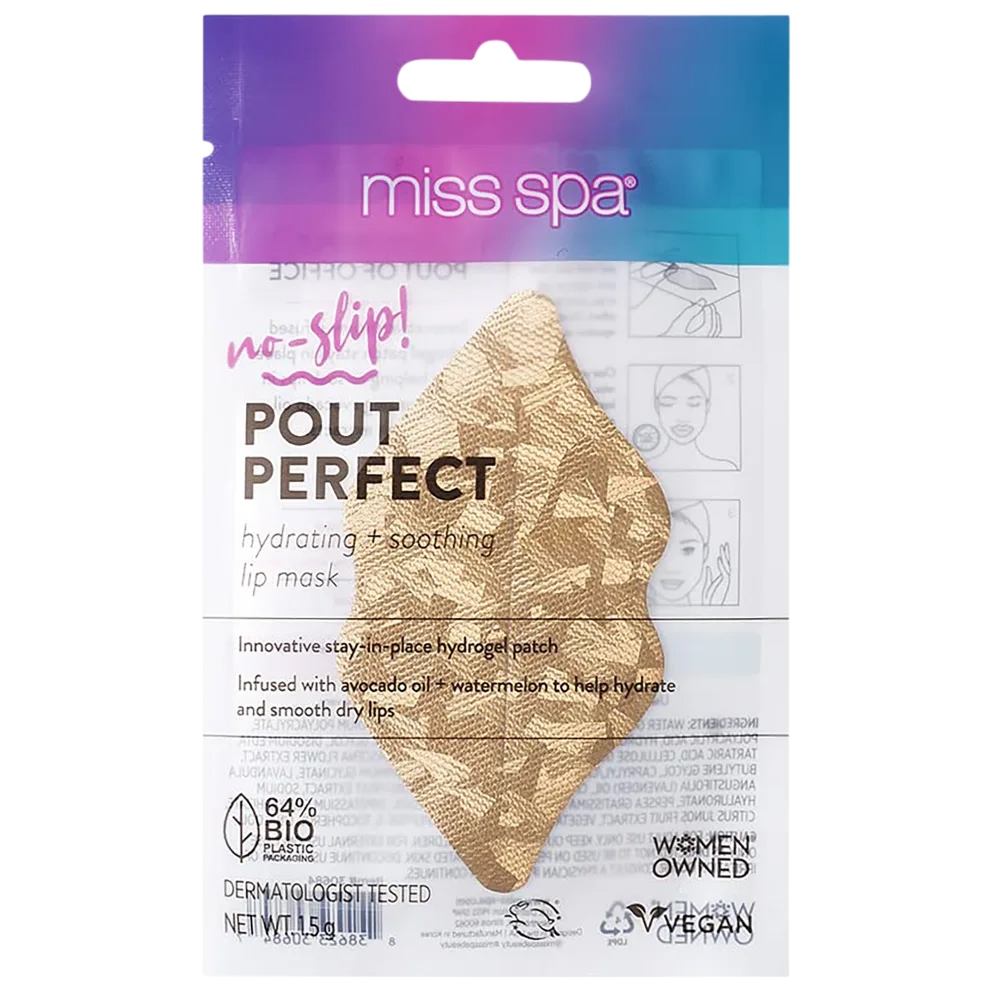 Miss Spa Pout Perfect is a hydrating and soothing lip mask with avocado oil and watermelon. It features a no-slip, stay-in-place hydrogel patch, is dermatologist tested, vegan, women-owned, and uses 64% bio plastic packaging. Net weight: 11.5g.