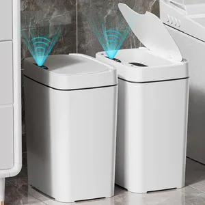 Two white rectangular trash cans with motion sensor lids, one closed and one open, emitting blue sensor signals.