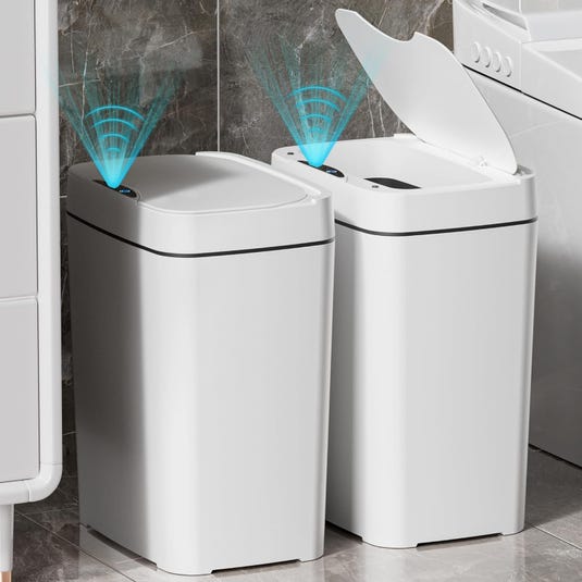 Two white rectangular trash cans with motion sensor lids, one closed and one open, emitting blue sensor signals.