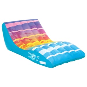 Colorful inflatable chaise lounge pool float with a gradient design featuring pink, yellow, and blue stripes, adorned with palm tree silhouettes and a \“WOW\“ logo on the side.