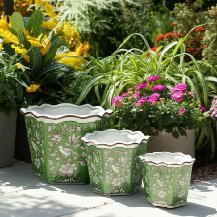 Three decorative green planters with white floral patterns are arranged in a garden setting, surrounded by vibrant yellow and pink flowers.