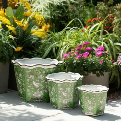 Three decorative green planters with white floral patterns are arranged in a garden setting, surrounded by vibrant yellow and pink flowers.