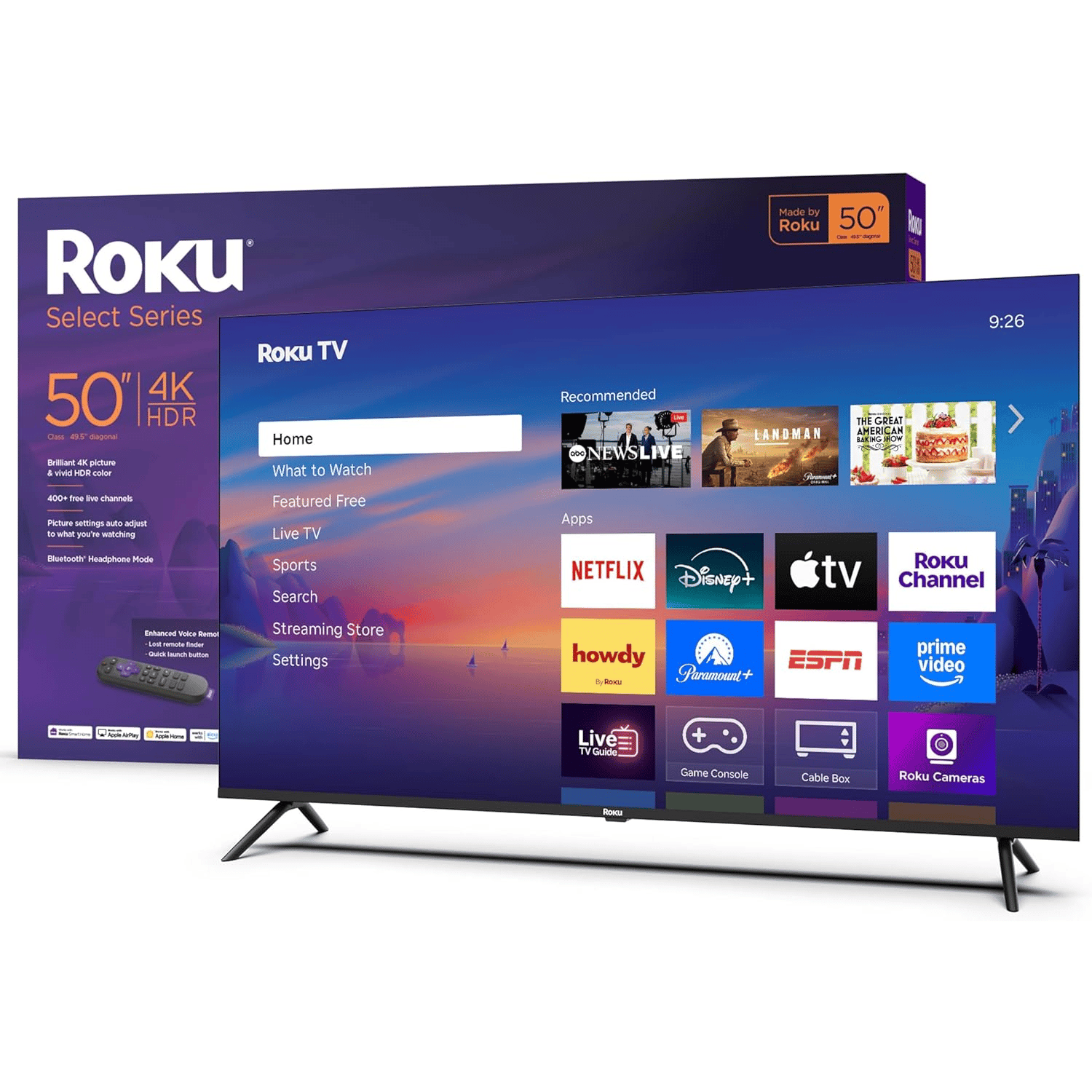 A 50-inch Roku Select Series 4K HDR TV is shown, featuring apps like Netflix, Disney+, Apple TV, and ESPN. The packaging highlights Bluetooth headphone mode and an enhanced voice remote.