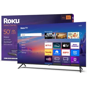 A 50-inch Roku Select Series 4K HDR TV is shown, featuring apps like Netflix, Disney+, Apple TV, and ESPN. The packaging highlights Bluetooth headphone mode and an enhanced voice remote.