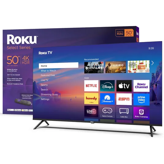 A 50-inch Roku Select Series 4K HDR TV is shown, featuring apps like Netflix, Disney+, Apple TV, and ESPN. The packaging highlights Bluetooth headphone mode and an enhanced voice remote.