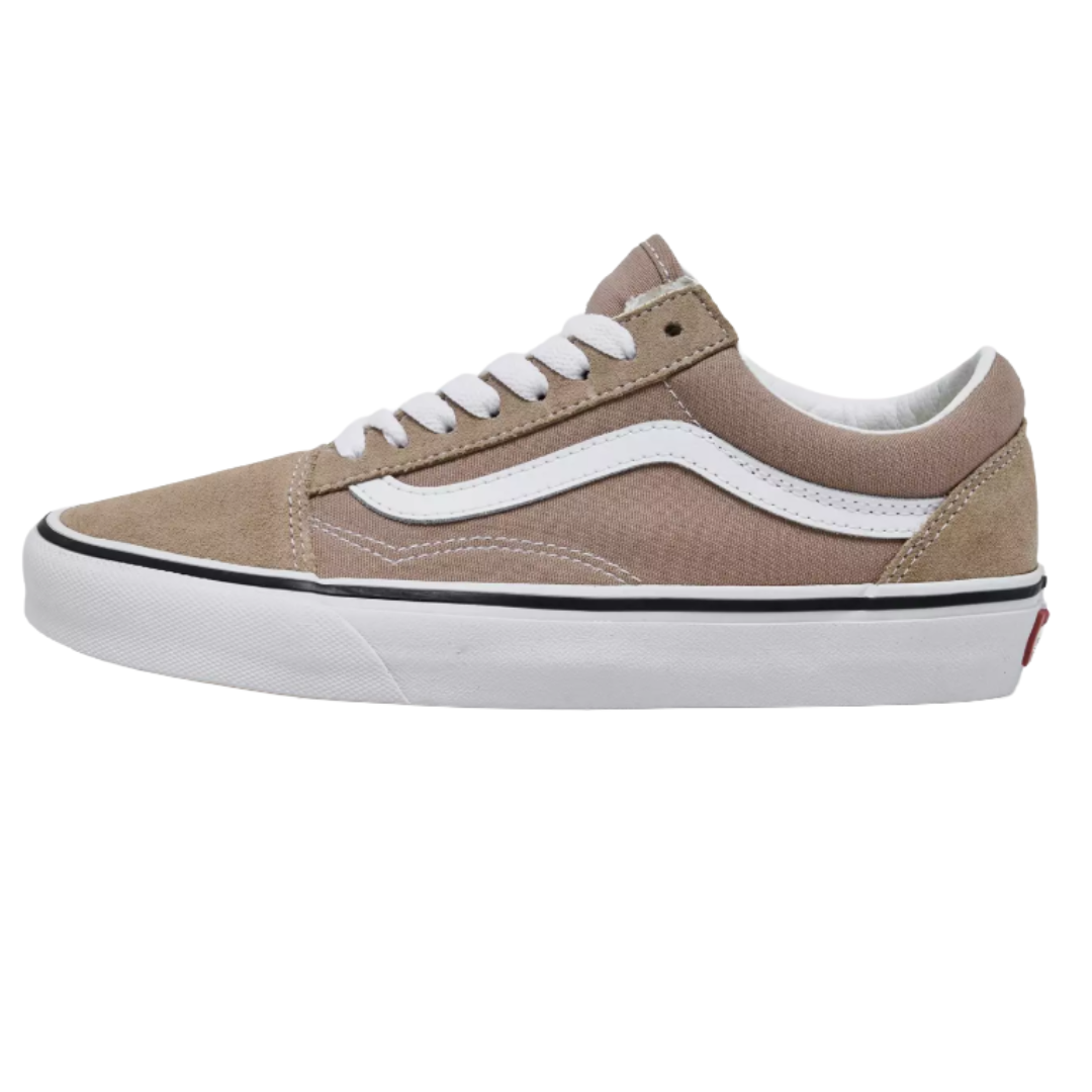 A beige and white low-top sneaker featuring a wavy side stripe, white laces, and a vulcanized sole.