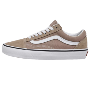 A beige and white low-top sneaker featuring a wavy side stripe, white laces, and a vulcanized sole.