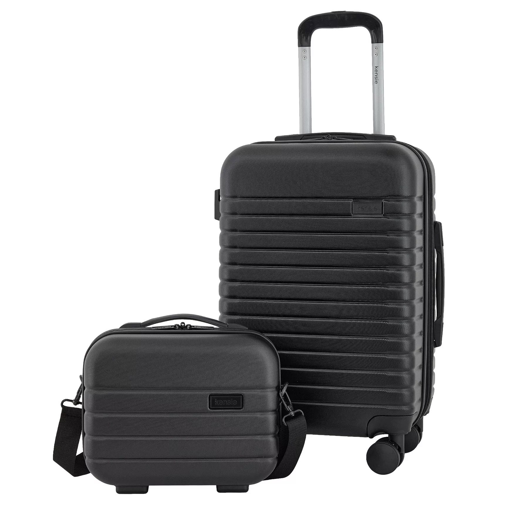 A black luggage set consisting of a small, hard-shell carry-on suitcase with wheels and a matching hard-shell briefcase with a shoulder strap.