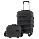 A black luggage set consisting of a small, hard-shell carry-on suitcase with wheels and a matching hard-shell briefcase with a shoulder strap.