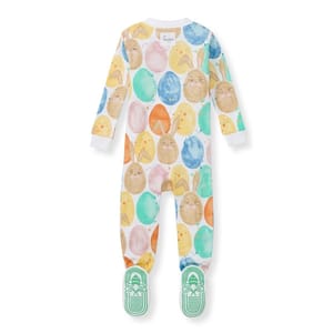 Burt's Bees Baby Easter Pajamas feature a colorful pattern of watercolor eggs and chicks with long sleeves and foot covers for infants. The fabric is soft and the design is playful, ideal for celebrating Easter.