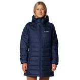 A woman is wearing a navy blue hooded puffer coat from Columbia, featuring a mid-length design and front zipper closure.
