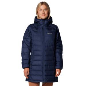A woman is wearing a navy blue hooded puffer coat from Columbia, featuring a mid-length design and front zipper closure.
