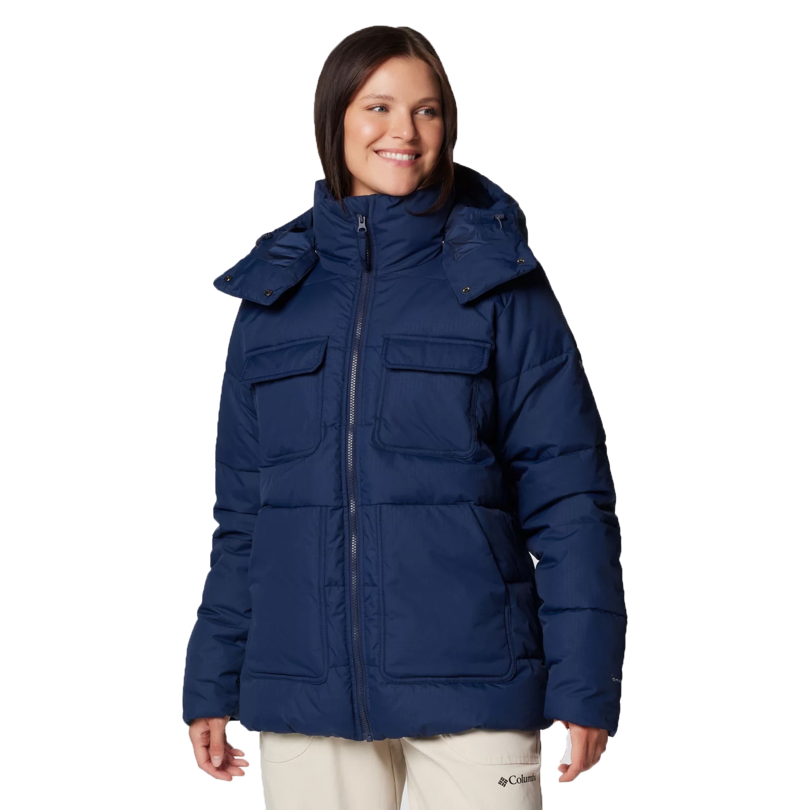 The Columbia Longhorn Insulated Jacket is a blue, puffy winter coat with a zip closure, detachable hood, and multiple front pockets for storage and warmth.