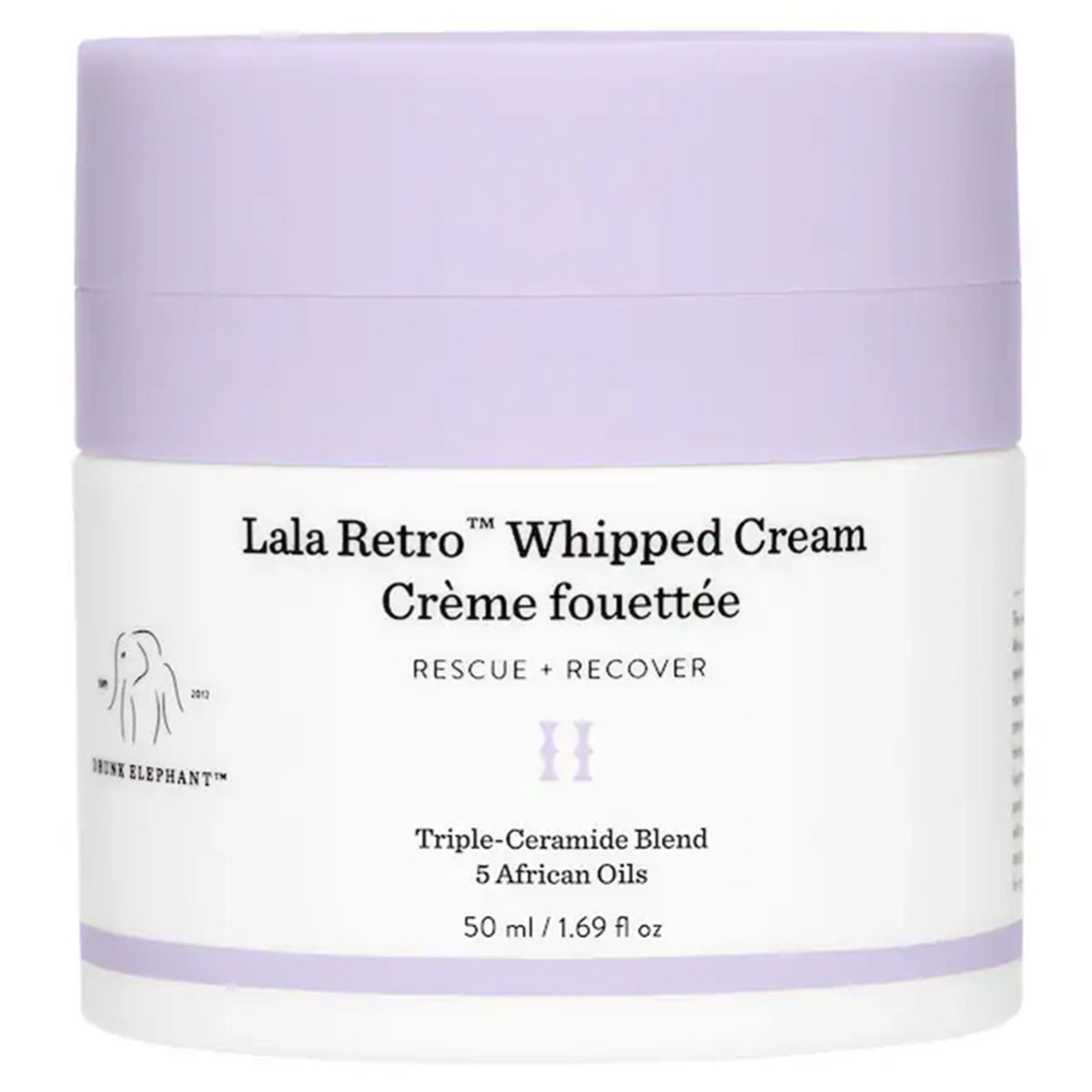 Lala Retro Whipped Cream by Drunk Elephant is a rescue and recover moisturizer featuring a triple-ceramide blend and five African oils, available in a 50 ml (1.69 fl oz) container.
