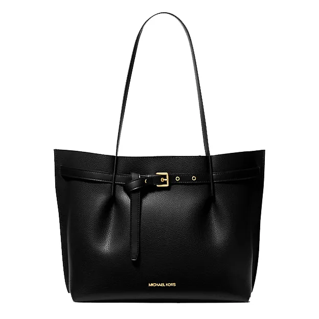 A black leather tote bag with a gold-tone clasp and brand logo on the front.