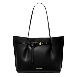 A black leather tote bag with a gold-tone clasp and brand logo on the front.