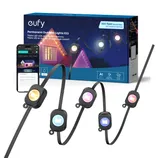Eufy Permanent Outdoor Lights E22, featuring AI with Triple-LED creativity, is shown with a packaging box and a smartphone app interface for control.