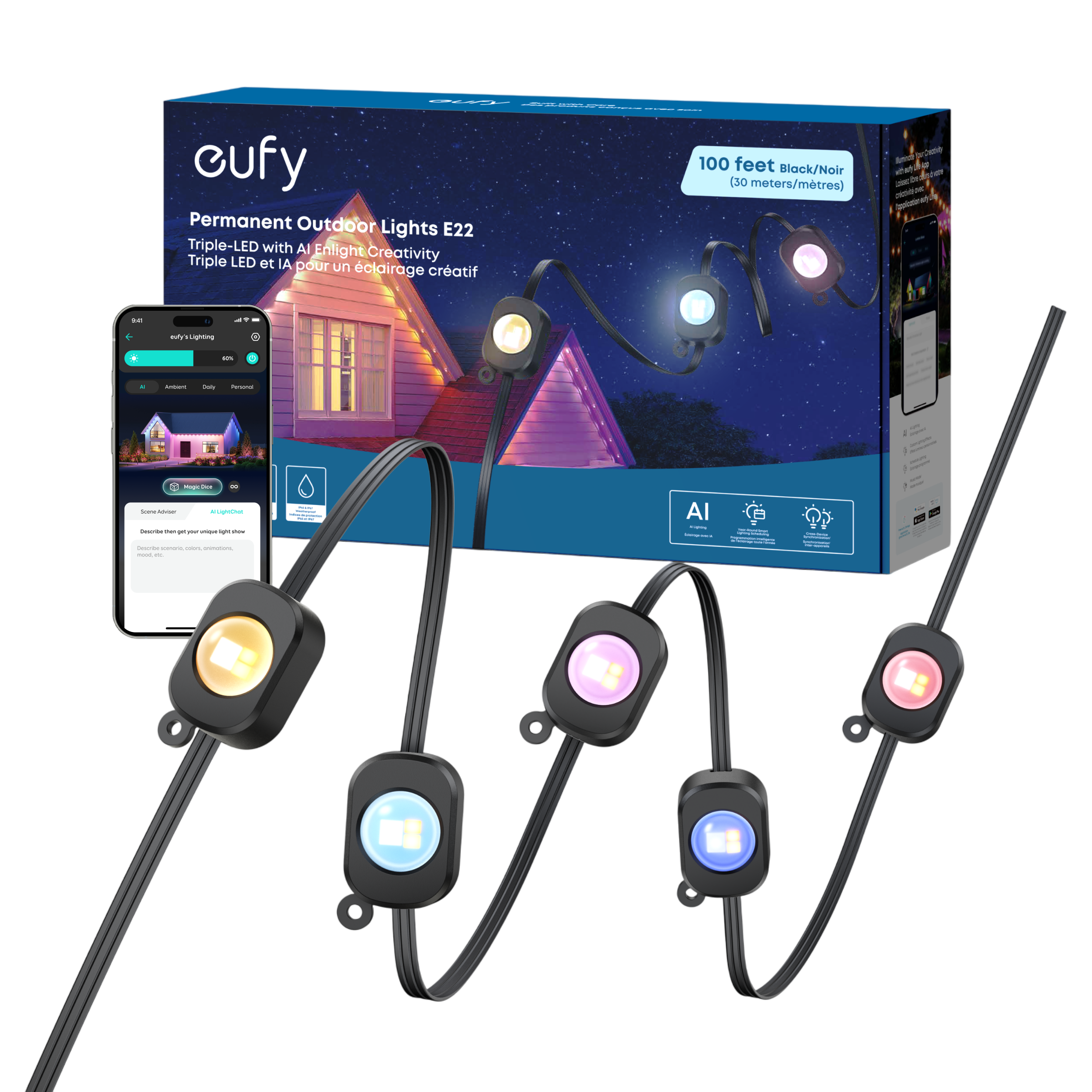 Eufy Permanent Outdoor Lights E22, featuring AI with Triple-LED creativity, is shown with a packaging box and a smartphone app interface for control.