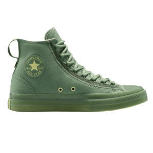 Green high-top Converse Chuck Taylor All Star sneakers with a matching rubber sole and laces, featuring the iconic star logo on the side.