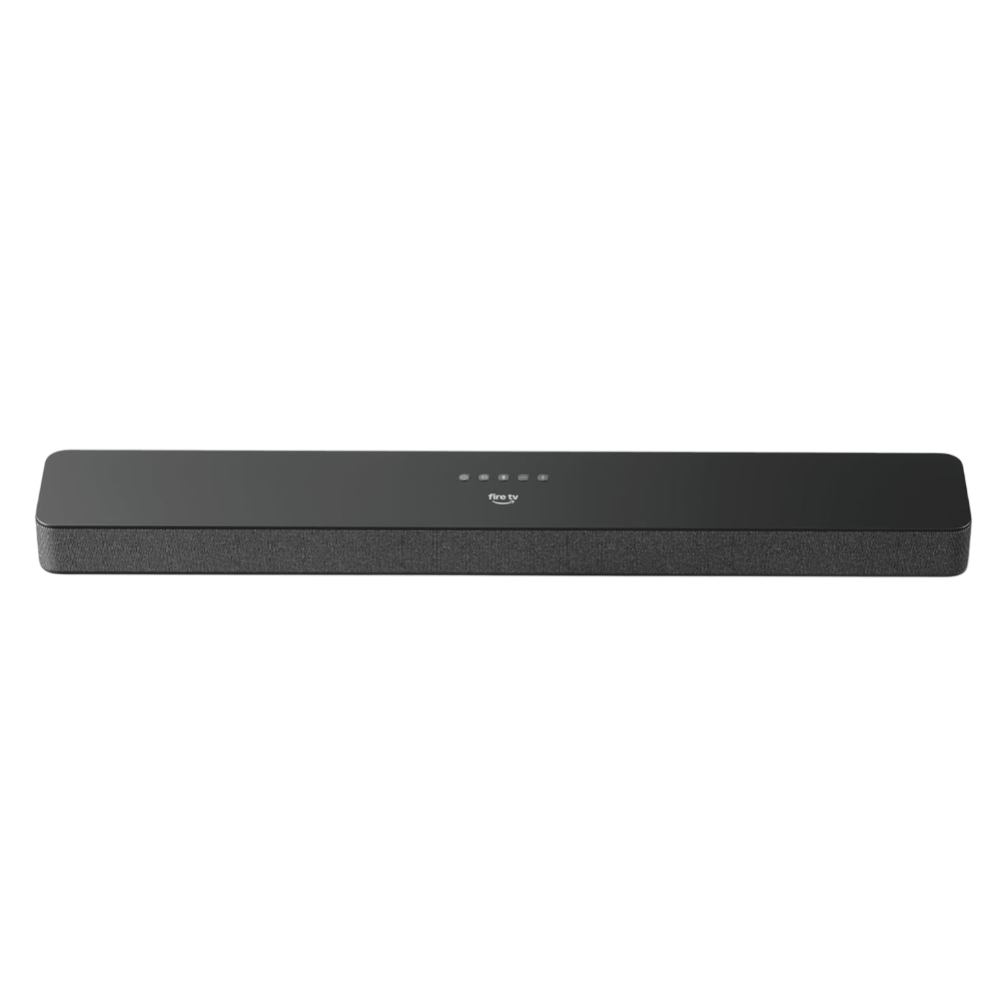 A Fire TV soundbar with touch controls on top, featuring a sleek, minimalist design.