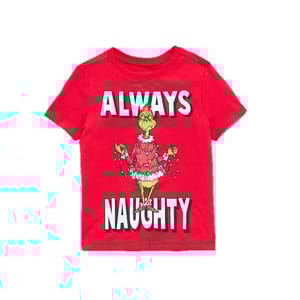 A red T-shirt featuring the character Grinch in a Santa outfit with Christmas lights, accompanied by the text \“Always Naughty.\“