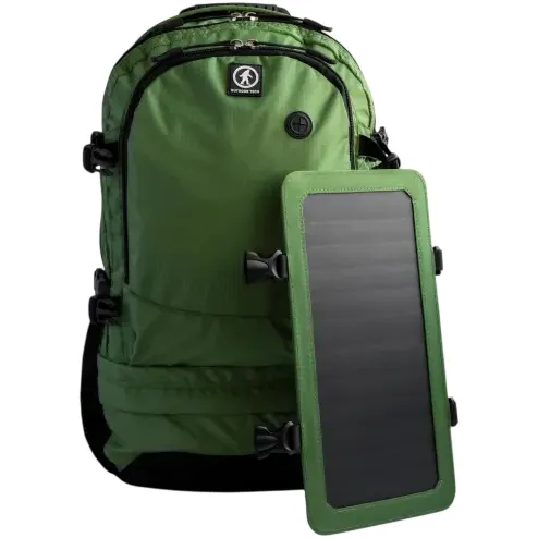 A green backpack with multiple compartments is shown alongside a detachable solar panel for charging electronic devices.