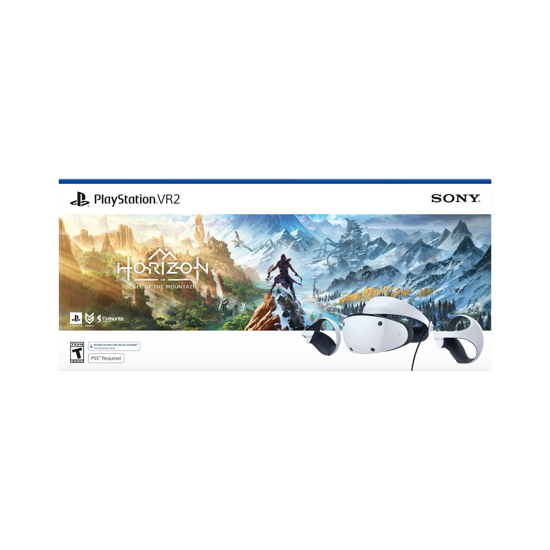 PlayStation VR2 headset and controllers by Sony with Horizon game artwork.