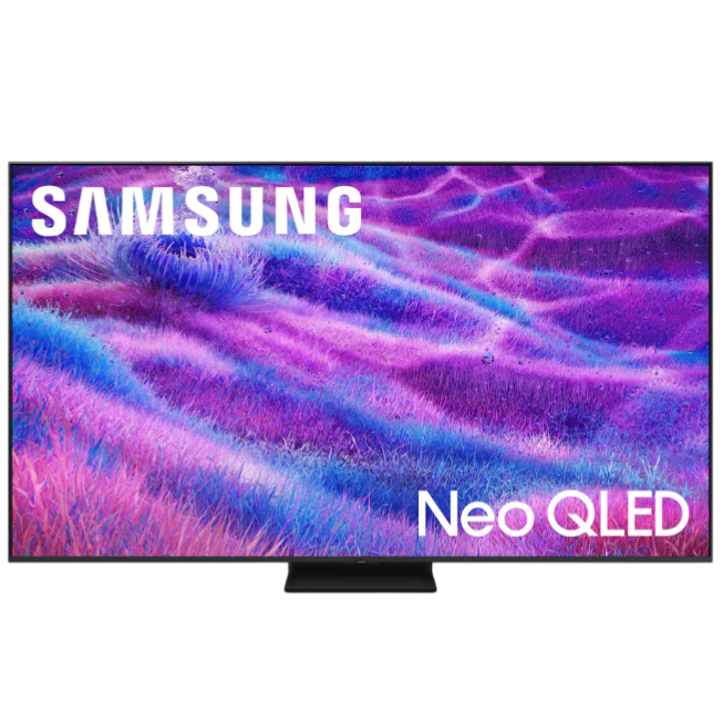 Samsung Neo QLED TV with vibrant purple and blue display, featuring a thin bezel design.