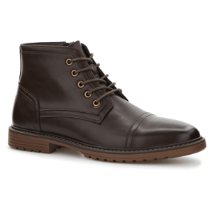 Brown leather ankle boot with a cap toe, lace-up front, brown sole, and metal eyelets.