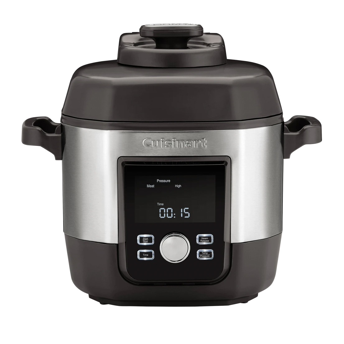 Cuisinart 6-Quart Pressure Cooker in stainless steel with a digital display, buttons for start, time, and temperature settings, and side handles. Ideal for high-pressure meat cooking.