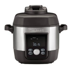 Cuisinart 6-Quart Pressure Cooker in stainless steel with a digital display, buttons for start, time, and temperature settings, and side handles. Ideal for high-pressure meat cooking.
